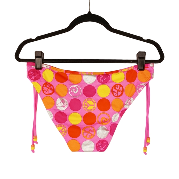 NEW ARIZONA JEANS Polka Dot Metallic Swirl Pink Yellow Orange Bikini Bottoms L - Picture 2 of 7